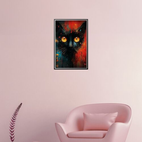 Abstract Black Cat with Fiery Eyes – Modern Expressionist Art Print picture