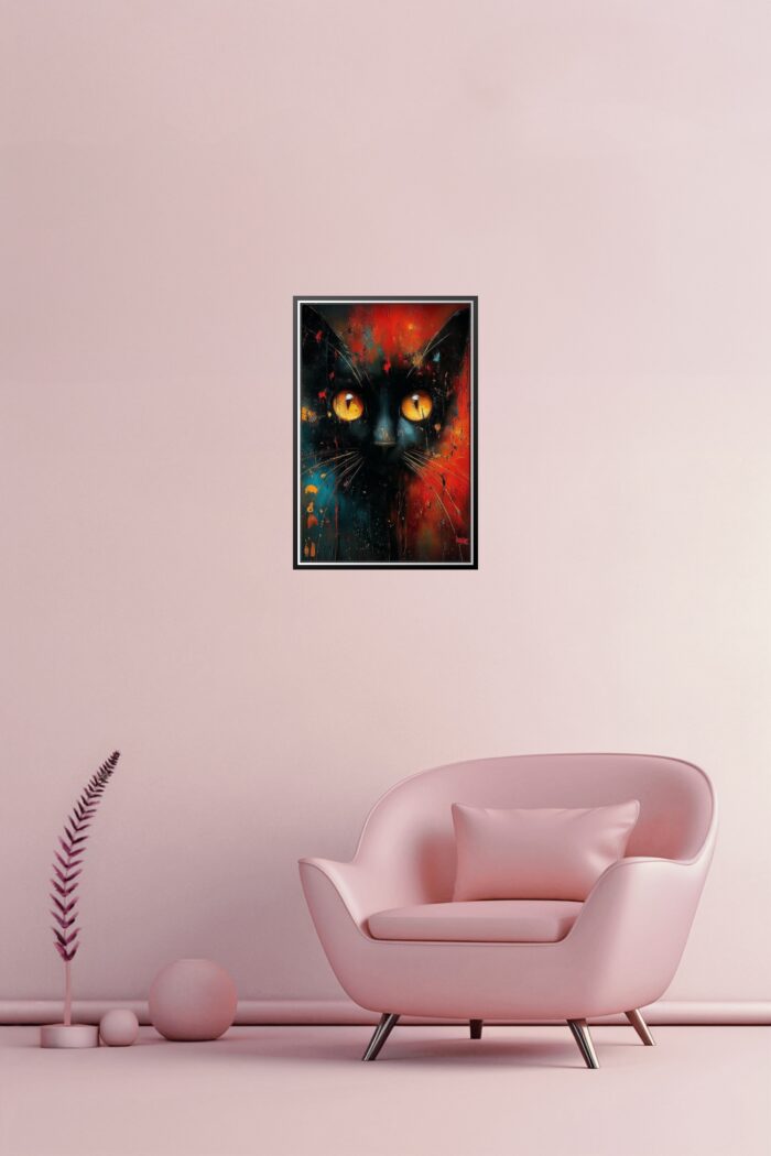 Abstract Black Cat with Fiery Eyes – Modern Expressionist Art Print picture