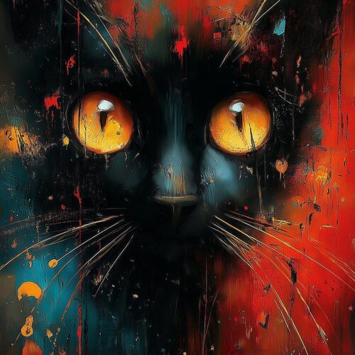 Abstract Black Cat with Fiery Eyes – Modern Expressionist Art Print picture