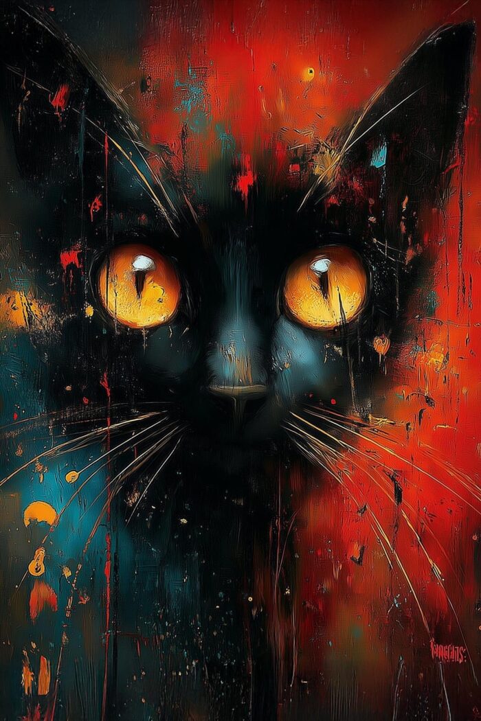 Abstract Black Cat with Fiery Eyes – Modern Expressionist Art Print picture