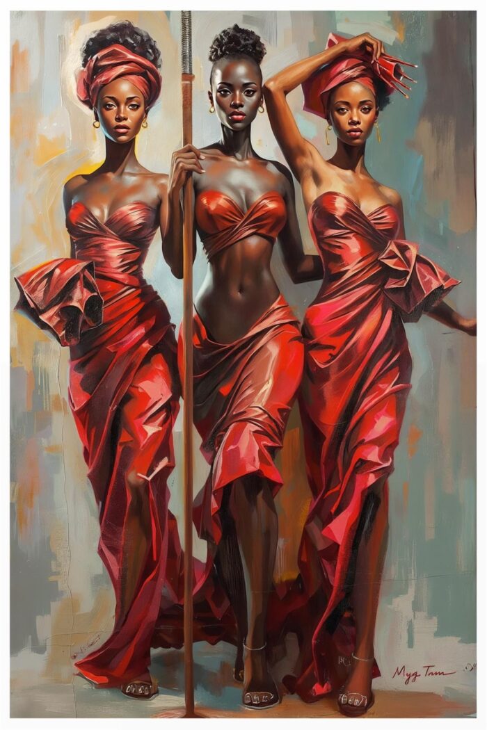 African Beauties in Red – Modern Figurative Oil Painting Style Art Print picture