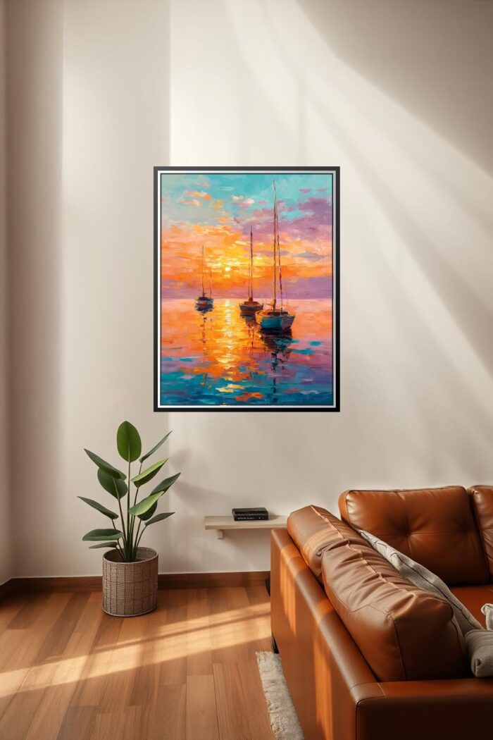 Impressionist Oil Painting Print - Sunset Sailboats on Water picture
