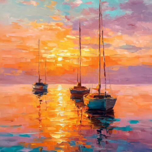 Impressionist Oil Painting Print - Sunset Sailboats on Water picture