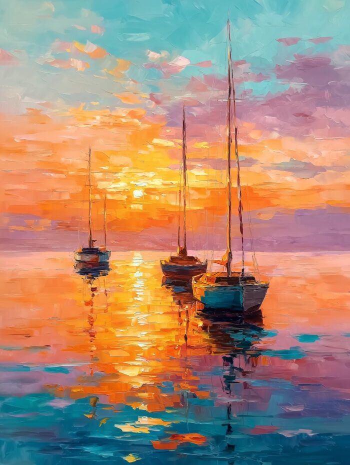 Impressionist Oil Painting Print - Sunset Sailboats on Water picture