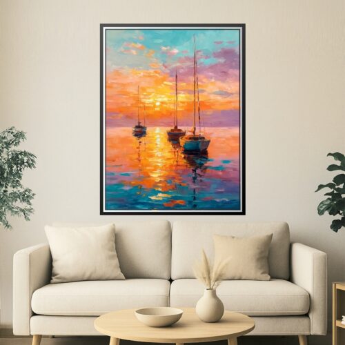 Impressionist Oil Painting Print - Sunset Sailboats on Water picture