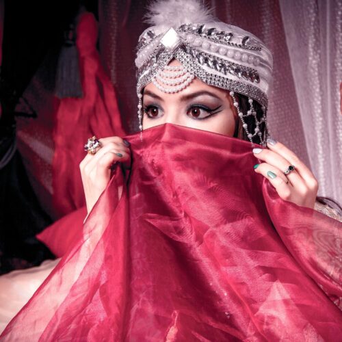 Orientalist Glamour Portrait Poster – Mysterious Beauty in Ruby Veil | Perfect Gift picture