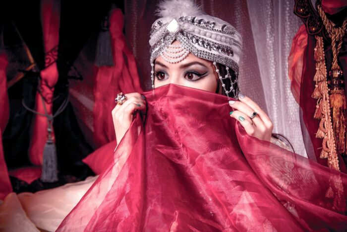 Orientalist Glamour Portrait Poster – Mysterious Beauty in Ruby Veil | Perfect Gift picture