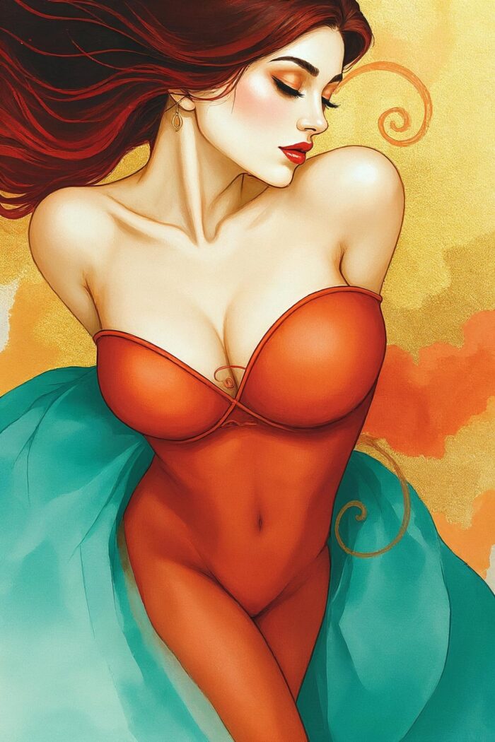 Art Nouveau Red Muse Poster – Grace & Golden Glow | Perfect Gift picture