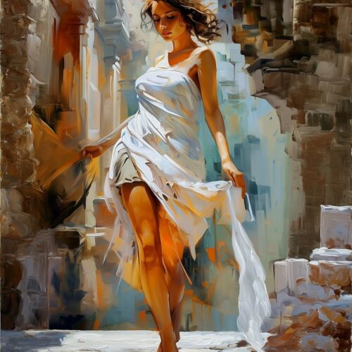 Impressionist Woman in White Poster – Elegant Art Painting of Serenity picture