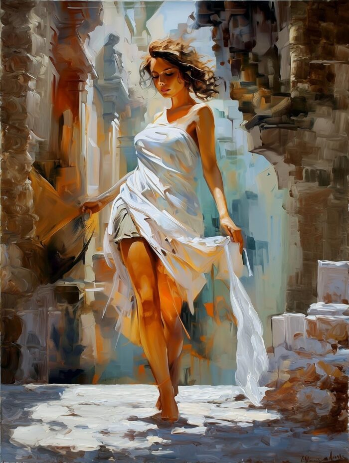 Impressionist Woman in White Poster – Elegant Art Painting of Serenity picture