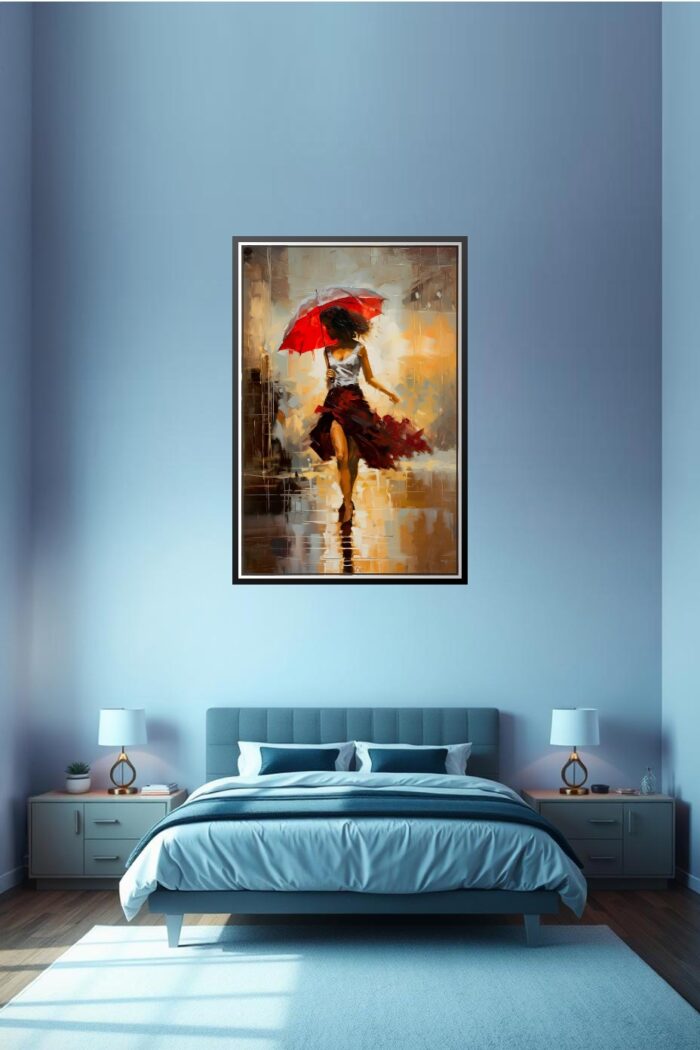 Impressionist Woman with Red Umbrella Poster – Romantic Rain Street Art picture