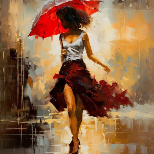 Impressionist Woman with Red Umbrella Poster – Romantic Rain Street Art picture