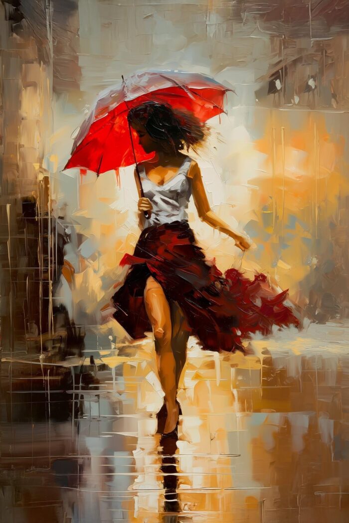 Impressionist Woman with Red Umbrella Poster – Romantic Rain Street Art picture
