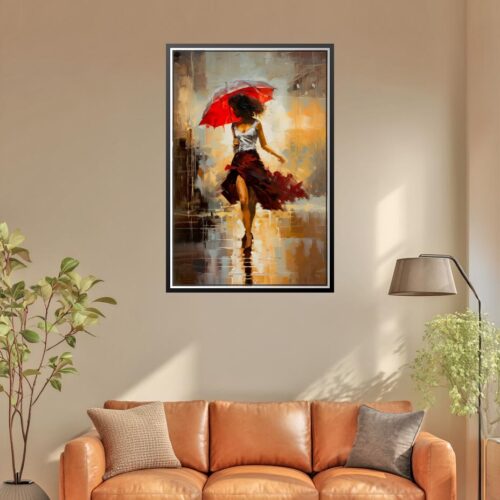 Impressionist Woman with Red Umbrella Poster – Romantic Rain Street Art picture
