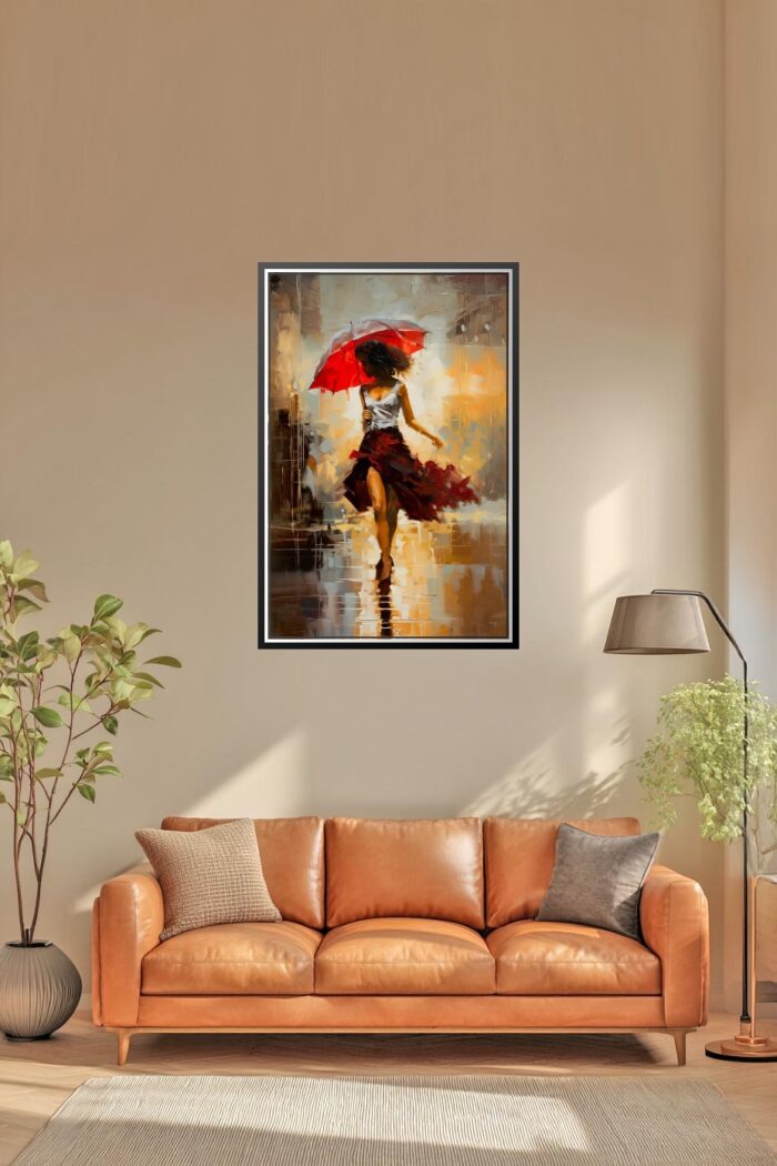 Impressionist Woman with Red Umbrella Poster – Romantic Rain Street Art picture