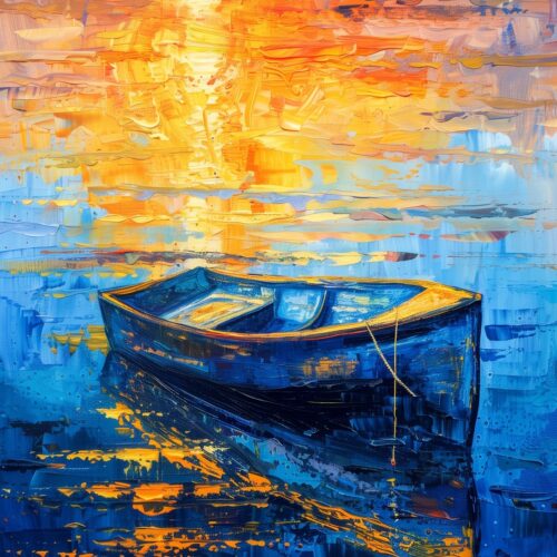 Impressionist Boat at Sunset Poster – Tranquil Ocean Glow | Perfect Gift picture