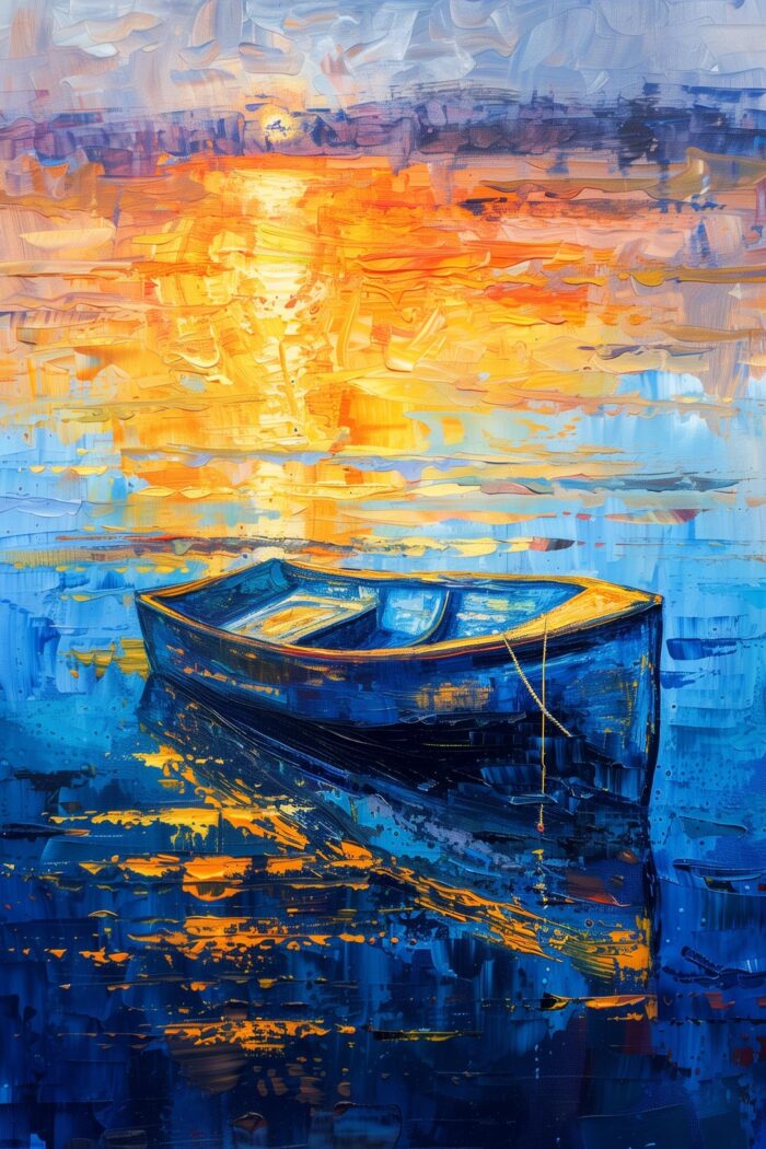 Impressionist Boat at Sunset Poster – Tranquil Ocean Glow | Perfect Gift picture