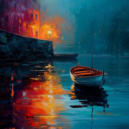 Impressionist Harbor Boat Poster – Serene Night Reflections | Perfect Gift picture