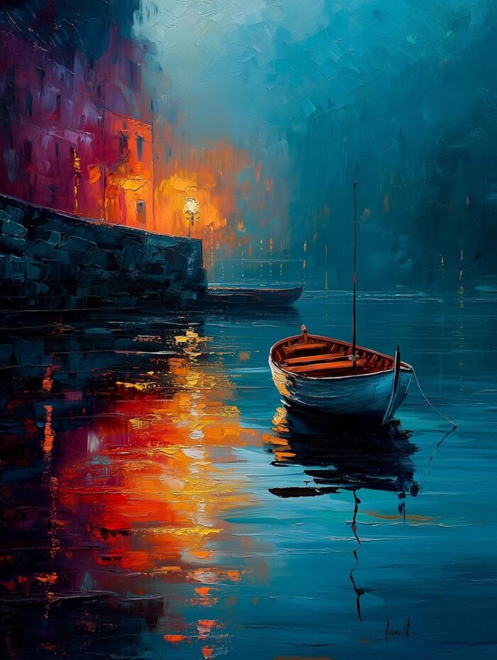 Impressionist Harbor Boat Poster – Serene Night Reflections | Perfect Gift picture