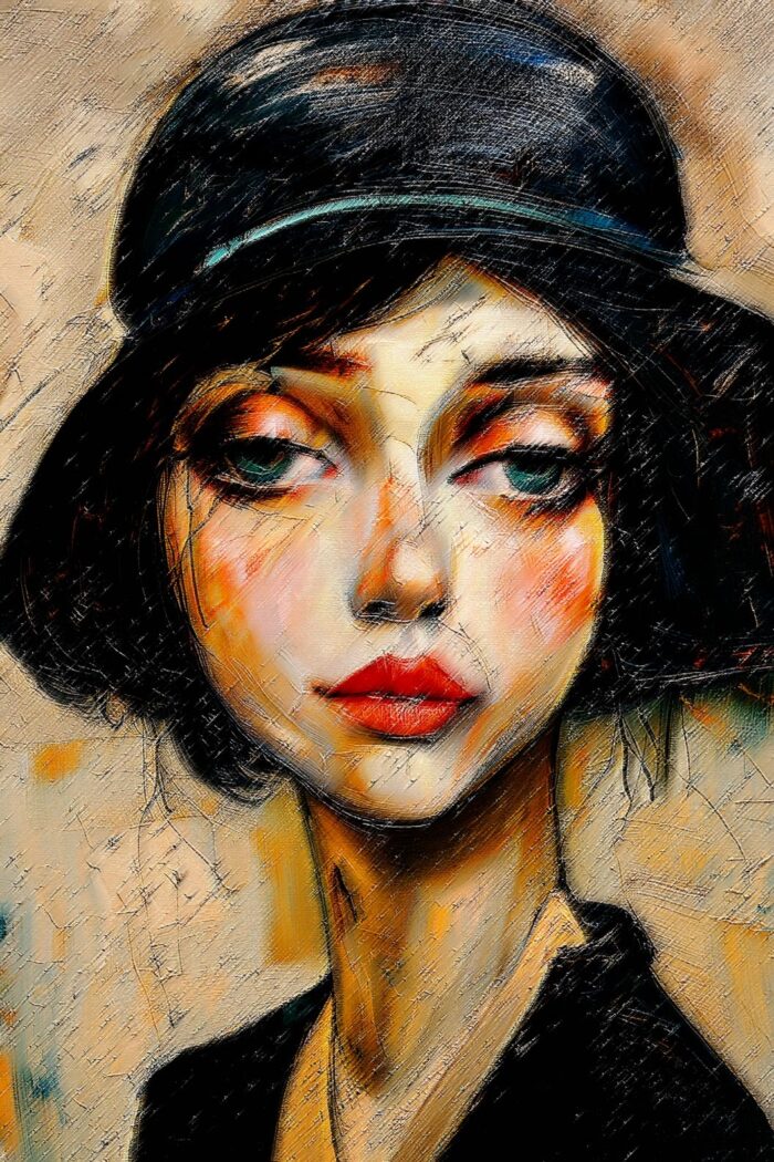 Textural Expressionist Portrait Print - Woman in Cloche Hat | Gift Poster picture