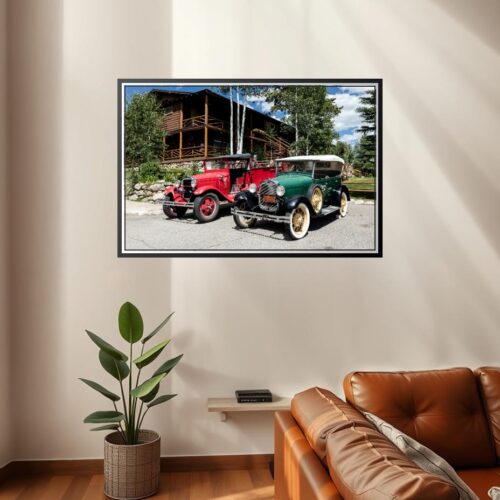 Vintage Fire Truck & Classic Car Poster – Grand Lake Lodge Scene | Great Gift picture