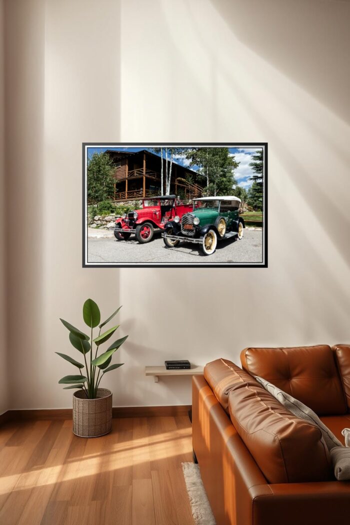 Vintage Fire Truck & Classic Car Poster – Grand Lake Lodge Scene | Great Gift picture