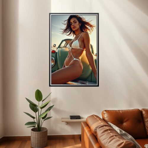 Glamour Beach Portrait Print - Woman in Bikini and Vintage Bug picture
