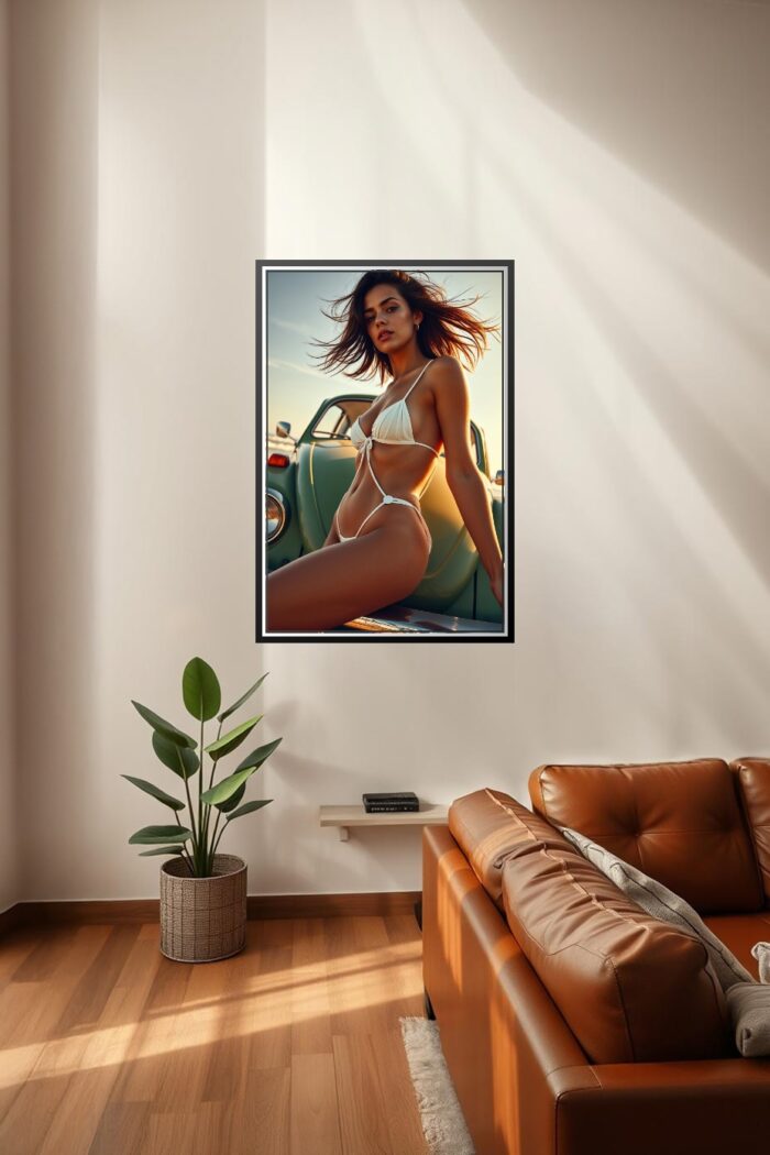 Glamour Beach Portrait Print - Woman in Bikini and Vintage Bug picture