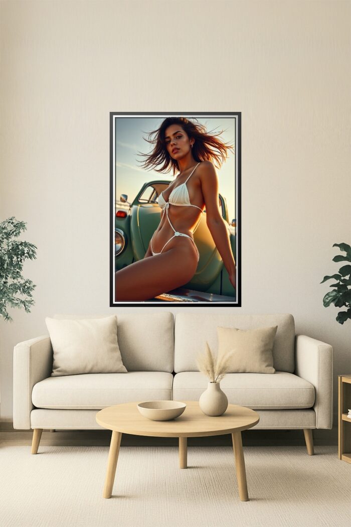 Glamour Beach Portrait Print - Woman in Bikini and Vintage Bug picture