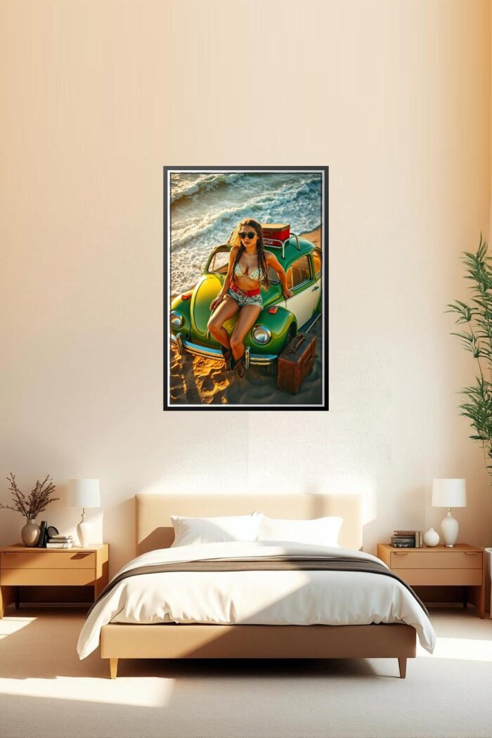 Retro Pin-Up Print - Woman, VW Beetle, and Beach Road Trip picture