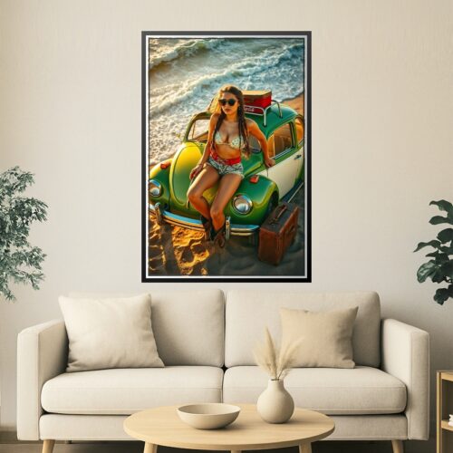 Retro Pin-Up Print - Woman, VW Beetle, and Beach Road Trip picture