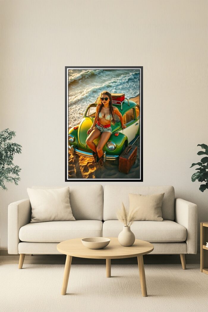 Retro Pin-Up Print - Woman, VW Beetle, and Beach Road Trip picture
