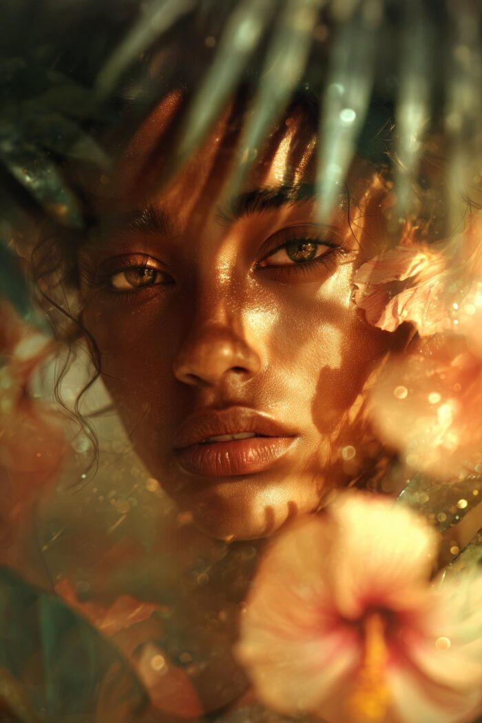Exotic Botanical Art Woman Portrait Poster – Golden Glow & Tropical Beauty | Great Gift picture
