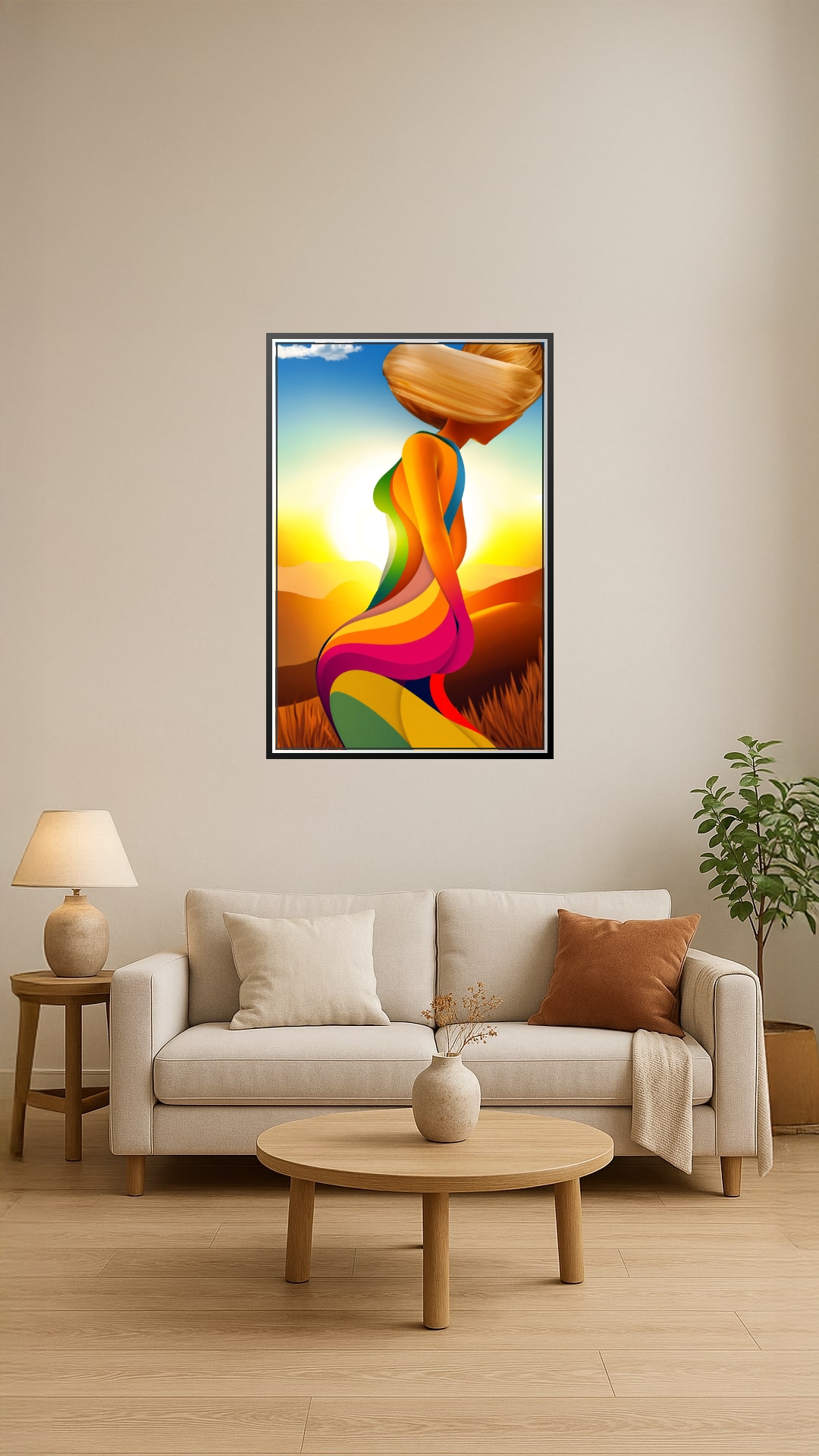 Sunset Rainbow Silhouette Poster – Vibrant Abstract Female Art picture
