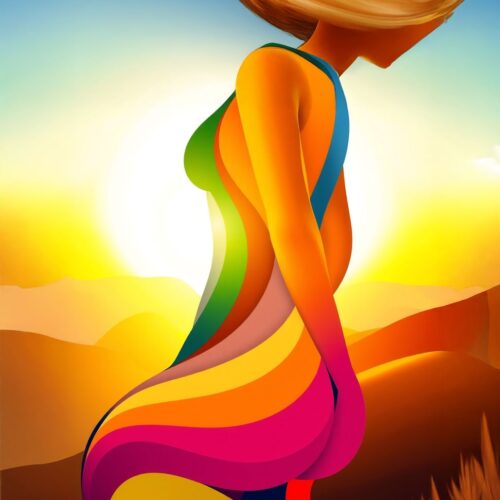 Sunset Rainbow Silhouette Poster – Vibrant Abstract Female Art picture