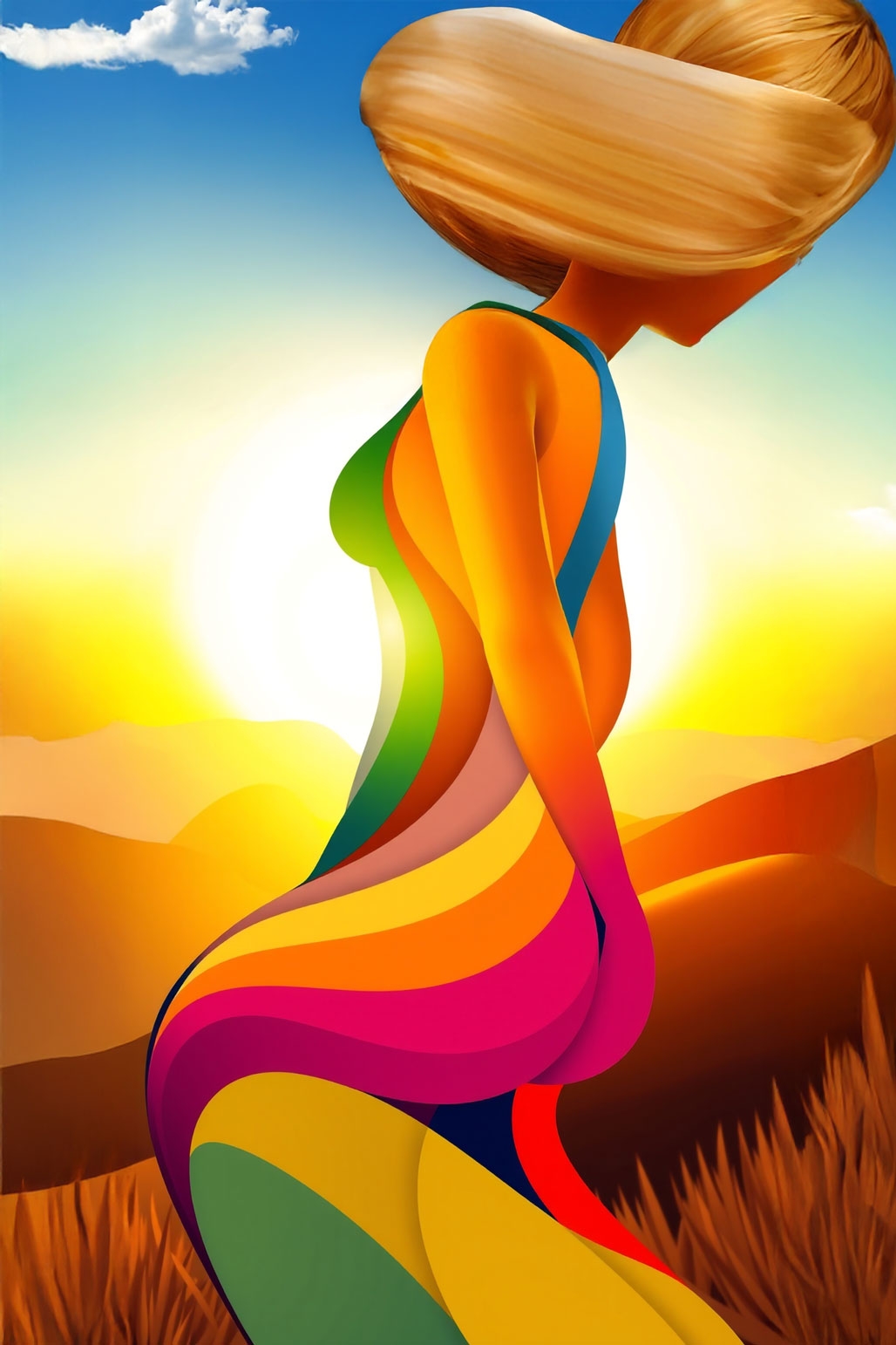 Sunset Rainbow Silhouette Poster – Vibrant Abstract Female Art picture