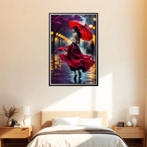 Romantic Realism Red Umbrella Poster – Midnight City Elegance | Unique Gift picture