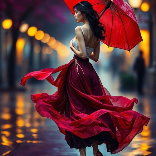 Romantic Realism Red Umbrella Poster – Midnight City Elegance | Unique Gift picture