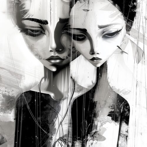 Surreal Abstract Portrait Poster – Twin Monochrome Emotions | Unique Gift picture