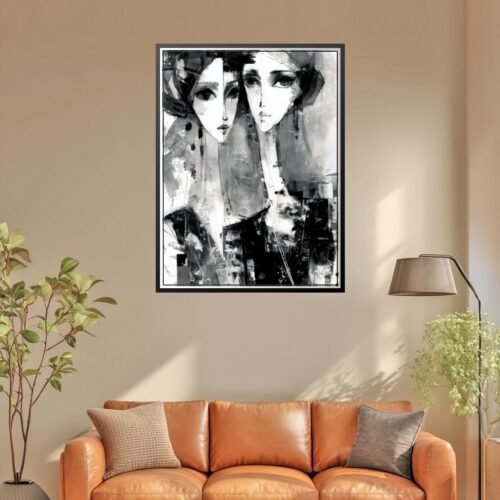 Monochrome Abstract Expressionist Portrait Print – Two Women Faces Wall Art picture