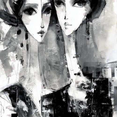 Monochrome Abstract Expressionist Portrait Print – Two Women Faces Wall Art picture
