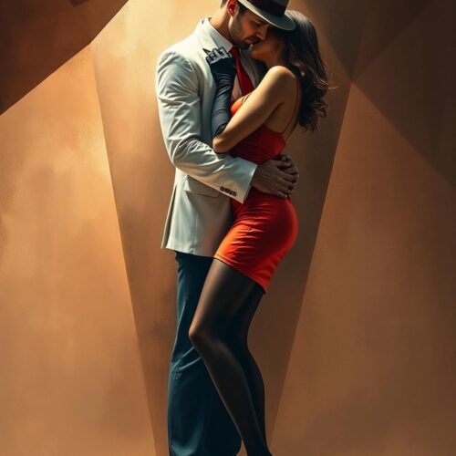 Elegant tango couple embracing in dramatic studio lighting, woman in red dress and man in light suit