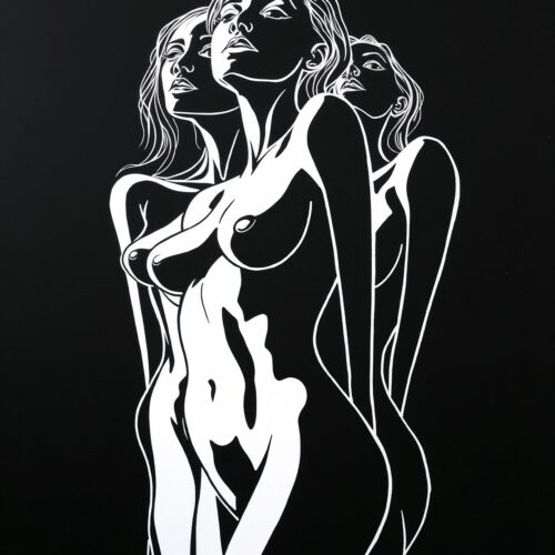 Minimalist black and white line art nude female figure with overlapping silhouettes expressing elegance and feminine duality