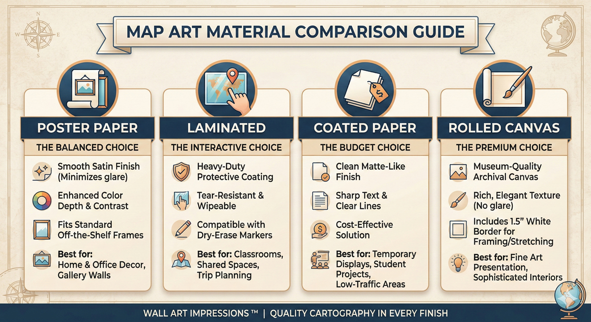 Map material comparison guide showing Poster Paper, Laminated, Coated Paper, and Rolled Canvas options