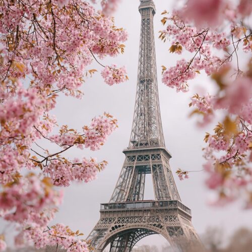 Photographic wall art of the Eiffel Tower framed by soft pink cherry blossoms in Paris during springtime.