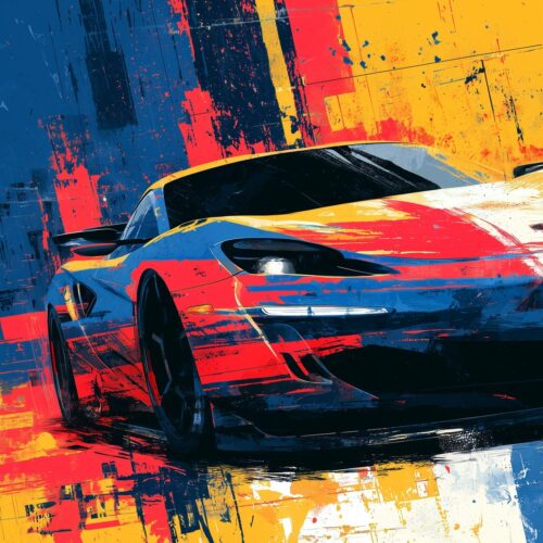 Vibrant expressionist wall art of a modern sports car in motion, rendered with bold blue, red, and yellow brushstrokes.