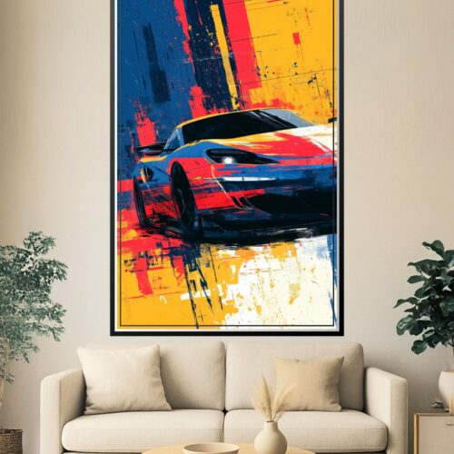 Vibrant expressionist wall art of a modern sports car in motion, rendered with bold blue, red, and yellow brushstrokes.