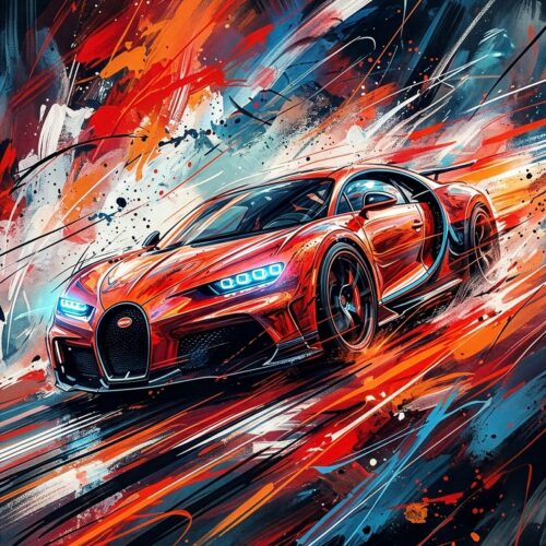 expressionist sports car poster wall art in red orange blue and black tones