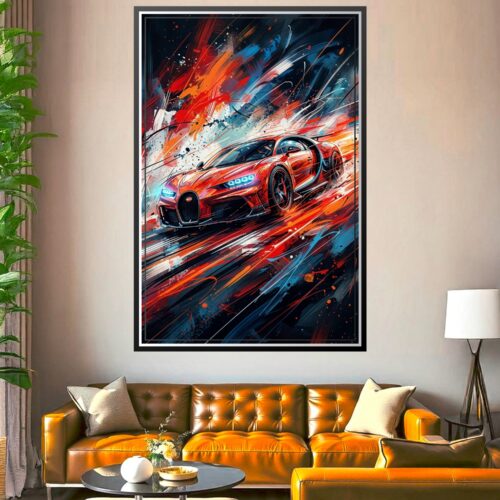 expressionist sports car poster wall art in red orange blue and black tones