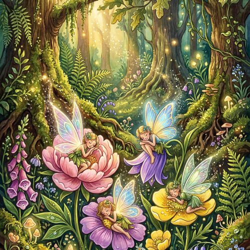 Watercolor wall art depicting four sleeping fairies with glowing wings nestled on pink, purple, and yellow flowers in an enchanted green forest.